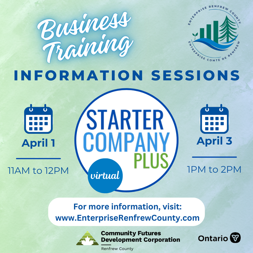 graphic promoting information sessions for Starter Company Plus Program spring intake